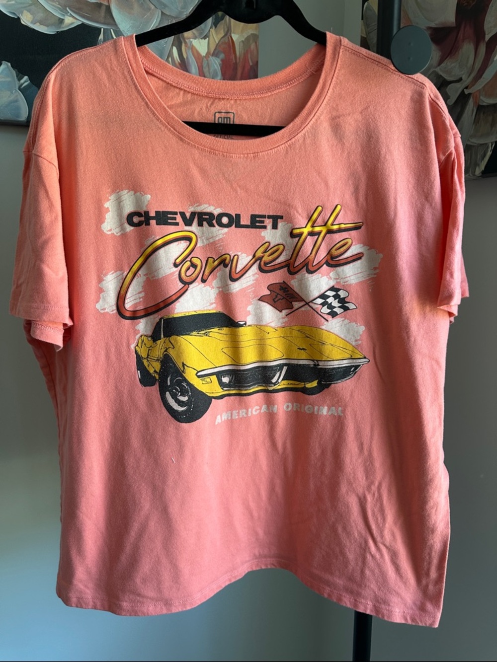 ☀️Hybrid Apparel Coral Pink Tee with Yellow Corvette Print